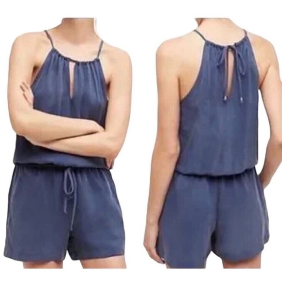 Anthropologie Pants - NWT Anthropologie Elevenses Westward Cupro Halter Neck Blue Romper Sz 0